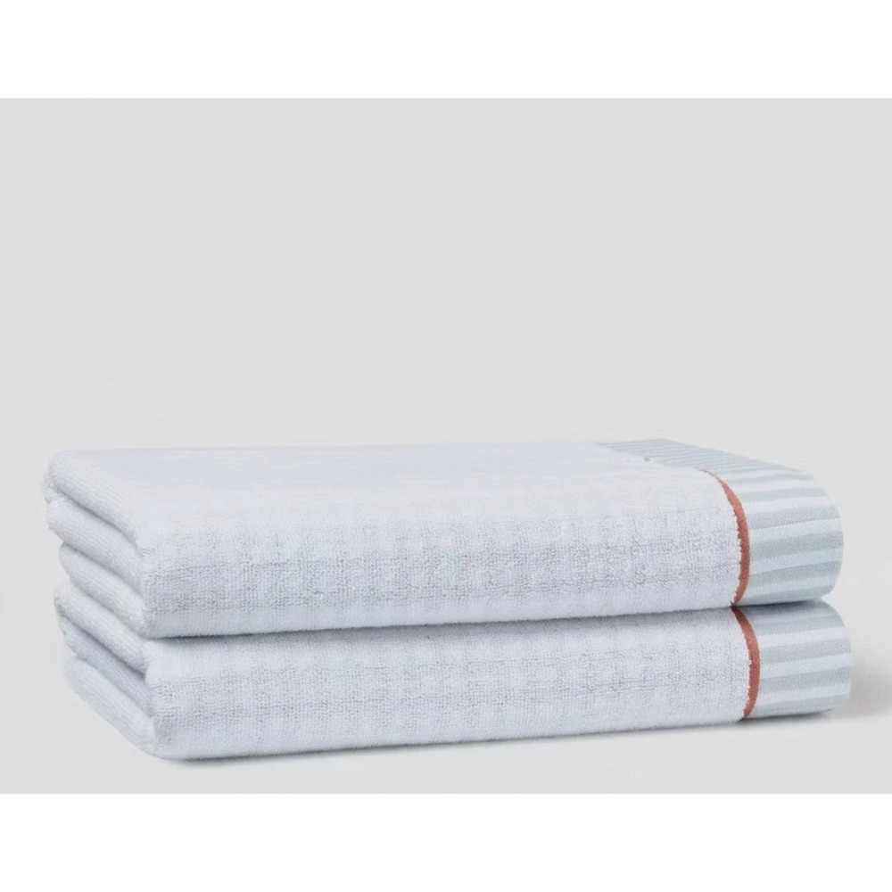 NWT Threshold 2PC 100% Cotton Bath Towel Traditional Gingham Plaid Blue/White‎